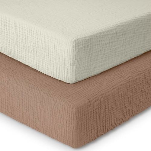 Muslin Mini Crib Sheets,100% Cotton Crib Sheets,2Pack,Soft,Breathable Crib Sheets Girls,Boys,Pack n Play Sheets,Crib Sheet,Pack and Play Sheets Fitted,24x38 Mini Crib Sheets |Brown and Ecru