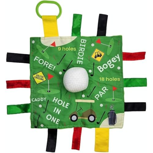 Baby Jack & Co 10x10” Golf Ball Sports Lovey Sensory Plush Blanket - Tag Toys for Sensory Play - Travel Stroller Toy - Learn Shapes, Letters & Colors - Sports Gift Educational and Soother