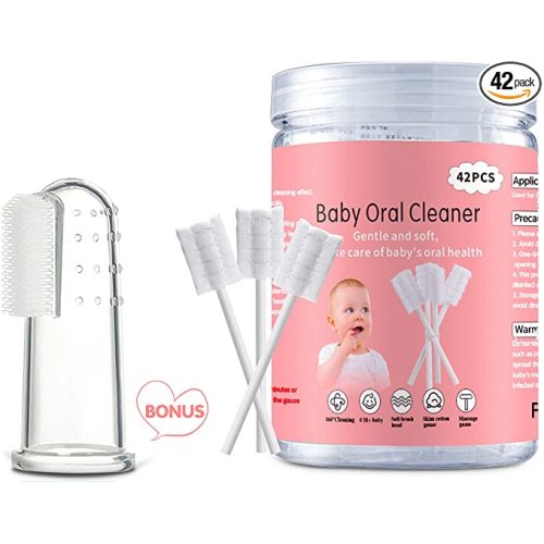 EASICUTI Tongue Cleaner, Toothbrush, 42Pcs Disposable Infant Clean Baby Mouth,Gauze Gum Cleaner Oral Cleaning Stick Dental Care for 0-36 Month Baby+Free 1 Finger - 42 Count (Pack of 1)