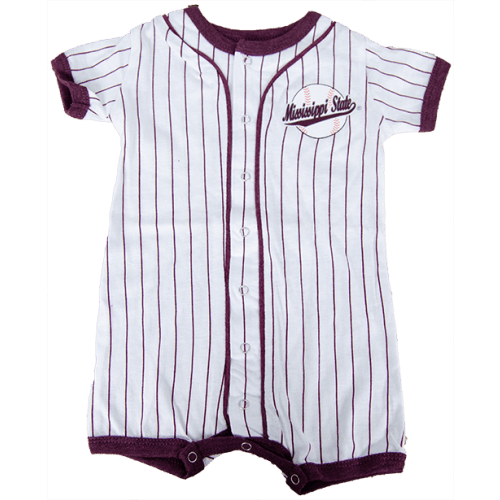 Infant Pinstripe Baseball Mississippi State Scirpt Snap Button Up Romper | Campus Book Mart