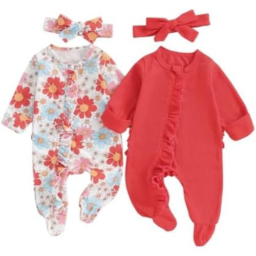 Baby Girl Footies Newborn Zipper Sleeper 2 Pack Ruffle Pajamas Romper Coming Home Outfit