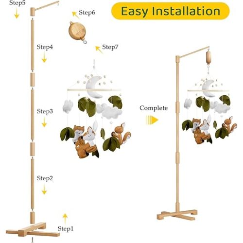 FEISIKE Baby Crib Mobile Arm with Music Box Spin Motor 3In1 Set-Squirrel Baby Mobile for Cirb, 57.4 Inch Mobile Arm for Crib Wooden Nursery Decor Hanger Holder