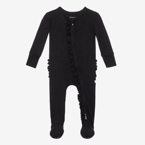 Infant Black Rib Footie Ruffled Zippered One Piece - Posh Peanut