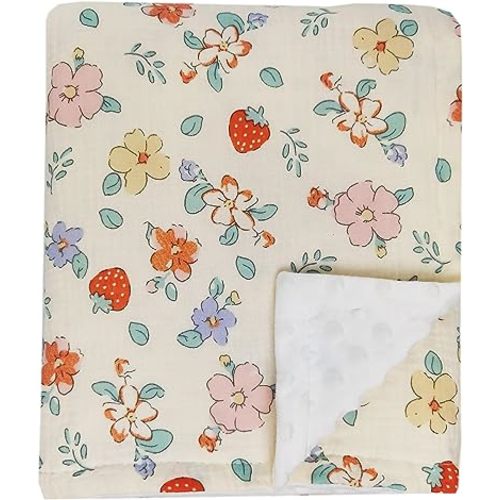 Baby Swaddel Blanket Cotton Muslin Thick Crib Bedding Dotted Backing Double Layer Receiving Blanket 40"x40" (Strawberry Flower)