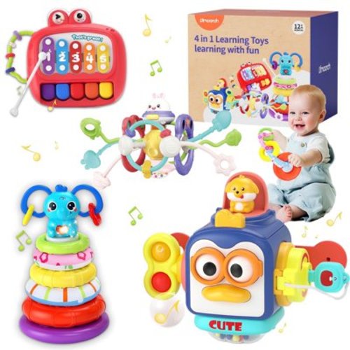 Dimoarch 4 in 1 Montessori Baby Toys Set, Travel Activities Busy Cube & Stacking Toys for Toddlers 1-3, Baby Teething Toys, Learning & Education Toys 6-12 Months