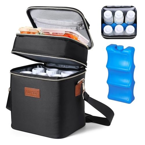 PIIOSER Breastmilk Cooler Bag with Ice Pack Fits 6 Baby Bottles Up to 9 Ounce, Insulated Baby Bottle Tote Bags, Double Layer Waterproof Leak-Proof with Shoulder Strap for Nursing & Working Mom - Black