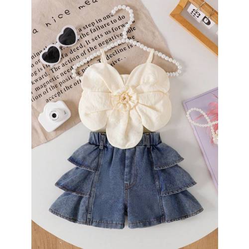 SHEIN 2pcs Baby Girls' Tank Top With Big Flowers And Solid-Colored, Denim Shorts With Ruffle Hem And Elastic Waistband, Fashionable Summer Outfits | SHEIN USA