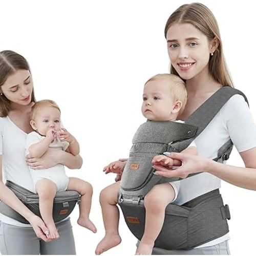 Baby Carrier with Hip Seat, Baby Carrier Newborn to Toddler, 6-in-1 Ways to Carry, All Seasons, Adjustable Baby Holder Carrier for Breastfeeding (Grey)