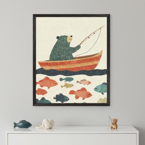 Whimsical Fishing Bear Framed Wall Art,  Kids and Nursery Room, Colorful Fish Decor