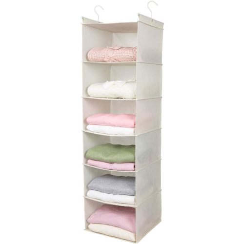 MAX Houser 6 Tier Shelf Hanging Closet Organizer, Cloth Hanging Shelf with 2 Sturdy Hooks for Storage, Foldable (Beige)