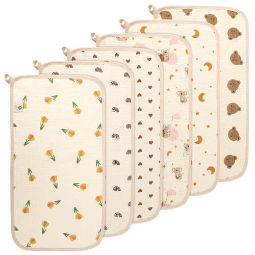 KABOER 6 Pack Muslin Burp Cloths for Baby, Large 20"x11", Extra Soft & Absorbent 4 Layers, Cute and Eco-Friendly Prints, Burping Cloths for Boys and Girls, Baby Essentials