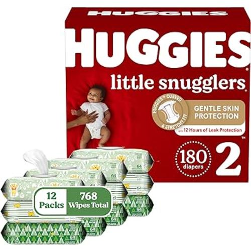 Huggies Little Snugglers Diapers & Wipes Bundle: Huggies Little Snugglers Size 2 Baby Diaper, 180ct & Huggies Natural Care Sensitive Wipes, Unscented, 12 Packs (768 Wipes Total) (Packaging May Vary)