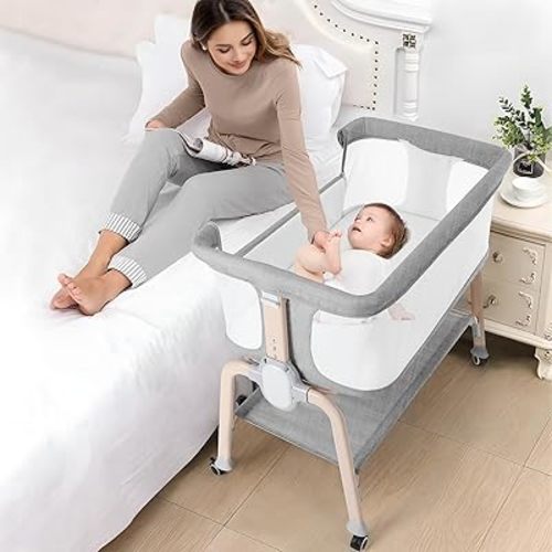 Cowiewie Bassinet Bedside Sleeper, Portable, Breathable, Adjustable Baby Bedside Bassinet for Peaceful Nights, Grey