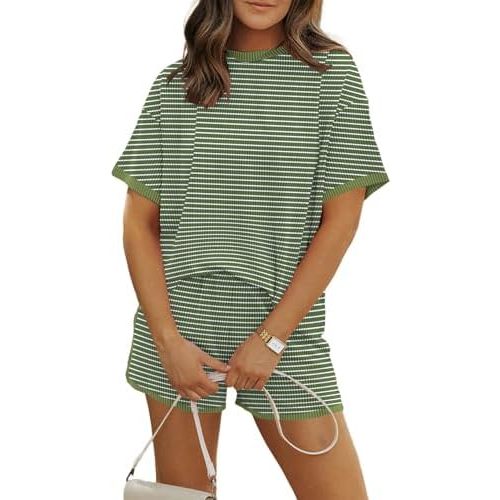 MARZXIN Women 2 Piece Shorts Set 2026 Casual Summer Cruise Outfits Ribbed Loose Short Sleeve Pocket Matching Lounge Sets