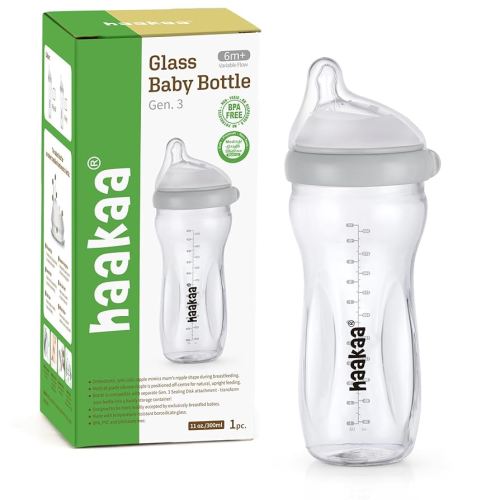 haakaa Gen.3 Natural Glass Baby Bottle 11oz - Wide Neck Anti-Colic Variable Flow Nipple,Easy to Clean & Latch for Newborn 0m+ 6m+ Breastfed Baby Toddler,BPA-Free - Grey
