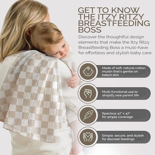 Itzy Ritzy Breastfeeding Boss Multi-Use Cover – A Nursing Cover, Swaddle, Car Seat Cover, Tummy Time Mat & Burp Cloth All in One – Made of Soft Muslin Fabric & Measures 47” x 47” (Checkerboard)