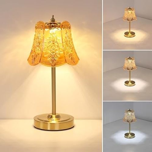 Shenmoyl Small Table Lamp with 5200mAh Battery & Touch Control - 3 Adjustable Color Temperatures, Dimmable Rechargeable Table Lamps for Living Room, Bedroom, Bedside (Amber Rose)