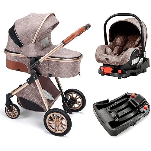 3-in-1 Stroller for Kids Reversible Seat Pram Pushchair with Adjustable Canopy Foldable Travel Stroller Compact Design with Storage Basket (with Base Brown)