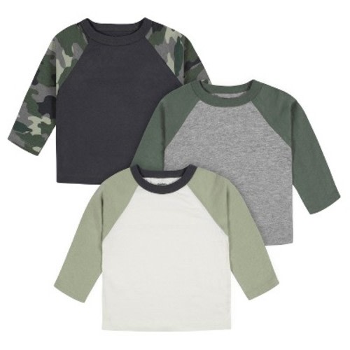 Gerber Baby and Toddler Boys' Long Sleeve Baseball Raglan Tees, 3-Pack, Color: Green, Size: 0-3 months