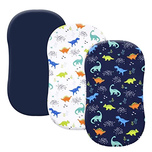 PHF 3 Pack Soft Bassinet Sheets, Dinosaur Breathable Comfy Cradle Sheets for Baby Boys, No Slip Universal Fit for Most Cradle and Bassinet Mattress, Navy Dinosaur