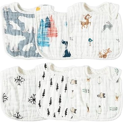 Zainpe 6Pcs Muslin Cotton Baby Bibs Tree Snowflake Bear Bib Adjustable Neutral Burp Cloths with 6 Absorbent Soft Layers for Unisex Infant Toddler Newborn Drooling Feeding Teething