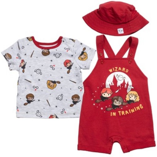 Harry Potter Hermione Hedwig Owl Ron Weasley Baby French Terry Short Overalls T-Shirt and Hat 3 Piece Outfit Set Newborn to Infant, Color: Maroon, Size: newborn