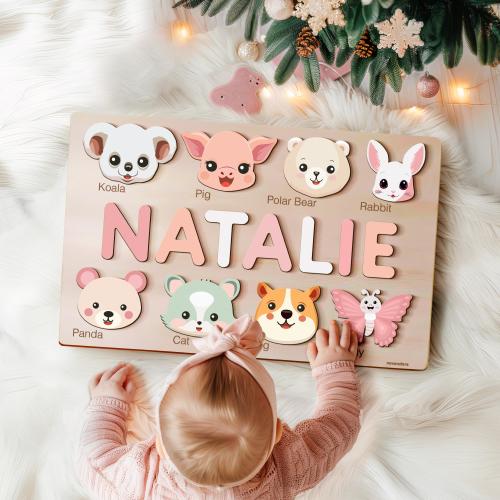 Personalized Handmade Baby Name Puzzle with Animals, Baby Girl Gift, Baby Boy Gift, Personalized Wooden Toys for Baby, Nursery Decor