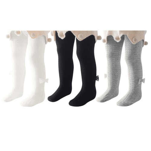 American Trends Infant Soft Tights Thick Cable Knit Leggings Stockings Cotton Pantyhose for Newborn Infant Toddler Baby Girl Tights Black & White & Gray with Bow S