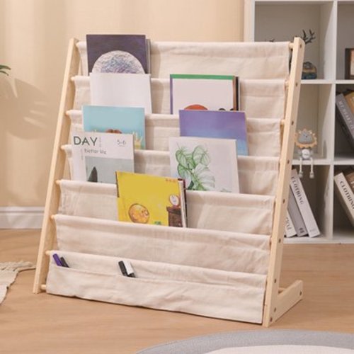 7 Tiers Wooden Kids Book Rack Storage Bookshelf Kids Canvas Sling Bookshelf Natural Beige for Kids Bedroom Playroom 29.5x11.8x31.5inch