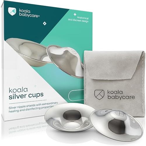 Koala Babycare The Original Silver Nursing Cups - Nipple Shields for Breastfeeding Newborn - Breastfeeding Essentials - Protect and Soothe - Tri-Laminate Silver - Standard Size