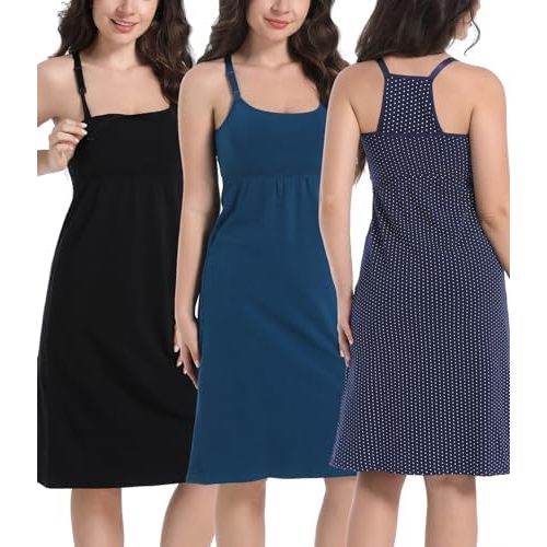 SUIEK 3-Pack Maternity Nursing Nightgown Cotton Breastfeeding Dress Pregnancy Tank Tops Sleepwear
