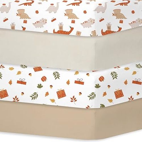 Crib Sheets 4 Pack, Baby Crib Sheets Fitted for Boys and Girls Breathable & Snug Fit, Soft Toddler Bed Sheets for Standard Crib Mattress Nursery Daycare Essentials, Autumn Dinos