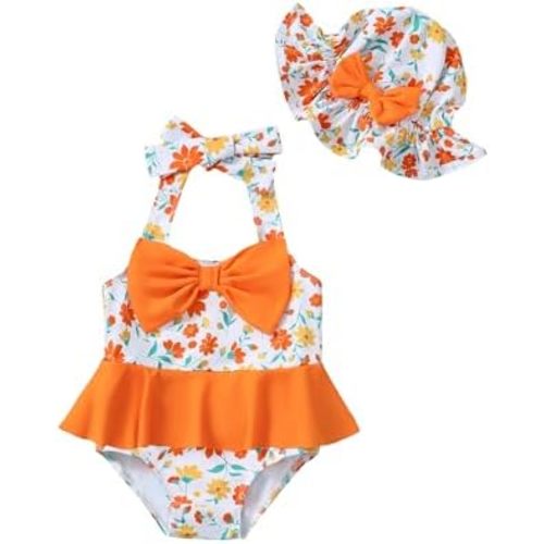 Kucnuzki Baby Girl Swimsuit Newborn One Piece Bathing Suit Bow Tie Bikini Tankini Infant Swimwear with Hat