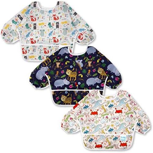 3 Pcs Long Sleeved Bib Set | Baby Waterproof Bibs with Pocket Bundle Toddler Bib with Sleeves and Crumb Catcher 6-24 Months