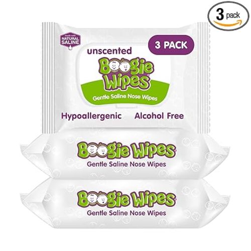 Boogie Wipes Saline Nose Wipes - 90 Count - Unscented, Hypoallergenic & Alcohol-Free - Allergy Relief - Made with Natural Saline, Aloe, Chamomile & Vitamin E - Diaper Bag Essential