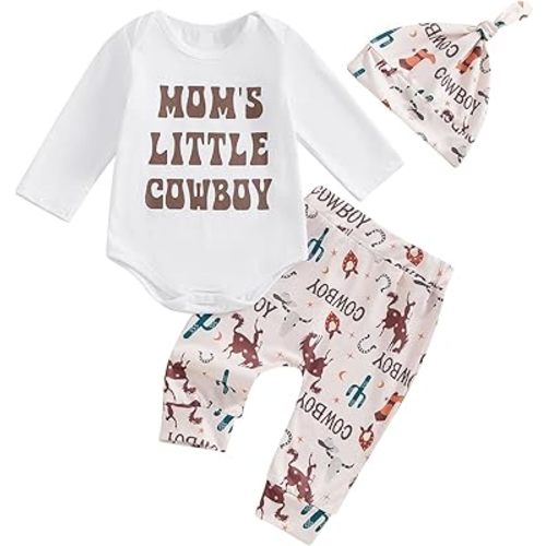 Dcohmch Western Baby Boy Clothes Mamas Little Cowboy Long Sleeve Romper Shirt + Pants + Hat Newborn Infant Fall Outfits