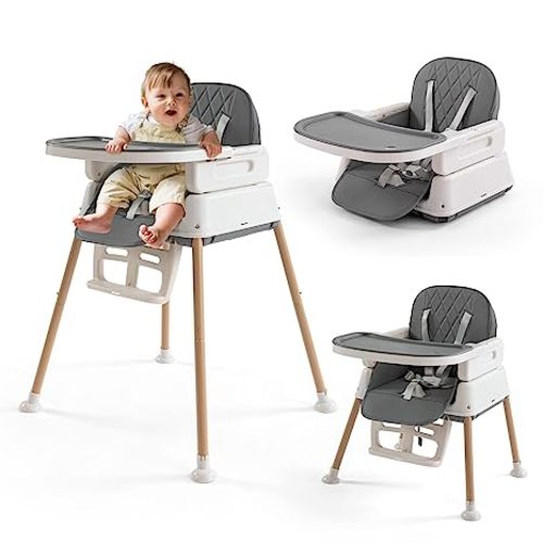 3-in-1 Convertible Baby High Chair with Adjustable Feeding Tray, 5 Point Harness, Footrest - Portable, Gray