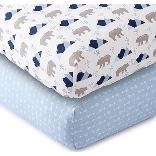 Levtex Baby - Trail Mix Crib Fitted Sheet Set of 2 - Fits Standard Crib and Toddler Mattress - Bears and Mountains/Arrows - Blue, Grey and White - Nursery Accessories - 100% Cotton