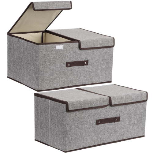 2Pcs Storage Bins with Lid, Cotton and Linen Storage Boxes Stackable Foldable Clothes Toys Organizer for Bedroom Closet Playroom Nursery