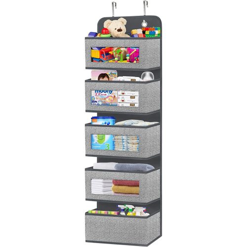 homyfort Over the Door Hanging Organizer with 5 Big Pockets, Wall Mount Storage with Clear Windows and 2 Widened Metal Hooks for Pantry, Nursery, Diapers, Bathroom, Kitchen, Closet, Dorm