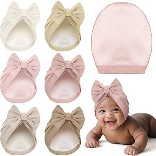6 Pcs Newborn Satin Bonnet for 0-6 Months Silky Satin Lined Stretchy Baby Turban Hats with Bow for Infant Toddler