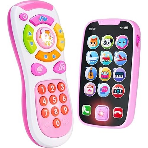 JOYIN Baby Learning Phone and Remote Toy for Toddler, Pink Smartphone Toys with Music for Infants, Kids, Girls, Holiday Stocking Stuffers, Birthday Gift