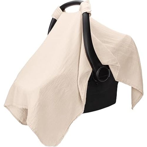 Comfy Cubs Baby Car Seat Cover - Soft, Breathable Bamboo Rayon and Muslin Cotton Blend - Lightweight Canopy for Sun, Bug, and Comfort Protection - Large Size Infant Seat Cover in Sand Design