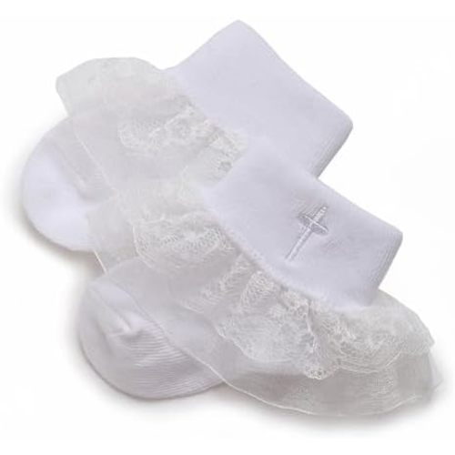 Baptism Socks for Baby Girls,White Cotton Christening Socks with Cross & Lace Ruffle Trim for Newborn & Infants