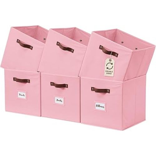 DECOMOMO Storage Bins, Cube Storage Bin with Labels, Fabric Storage Cubes for Shelves (10.5" x 11" / 6pcs, Pink)