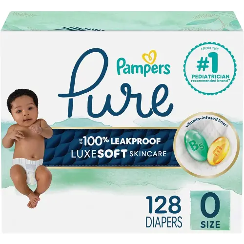 Pampers Pure Baby Diapers, Size 0 (>10 lbs ), 128, Up to 100% Leakproof, Premium Hypoallergenic Soft Diapers