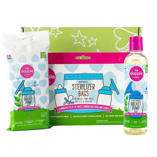 Dapple Breast Pump Cleaning Essentials Gift Set, Hypoallergenic & Powered by Plants, Removes Milk Residue, Leaves No Taste, 25ct Wipes, 8oz Soap 8ct Sterilizer Bags
