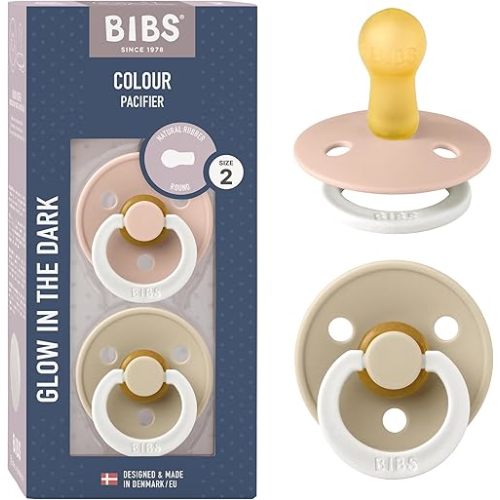 Bibs Pacifiers | Natural Rubber Baby Pacifier | Set of 2 BPA-Free Soothers | Made in Denmark | Blush Glow/Vanilla Glow | Size 6-18 Months