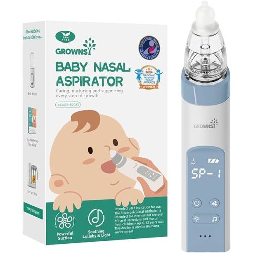 GROWNSY Nasal Aspirator for Baby, Electric Nose Aspirator for Toddler, Baby Nose Sucker, Automatic Nose Cleaner with 3 Silicone Tips, Adjustable Suctions, Music and Light Soothing Function (Blue)