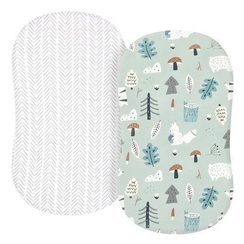 TILLYOU Baby Bassinet Sheets for Girls Boys, Fit for Hourglass Oval Rectangle Bassinet Mattress Sheets, 33”X16”, 2 Pack Jungle Walk and White Stripes